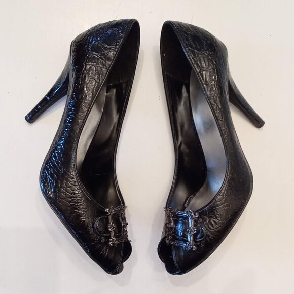 Joey O Black Stilettos Moc Croc Buckle Peep Toes size 8 silver insoles 4" Heels - Picture 8 of 8